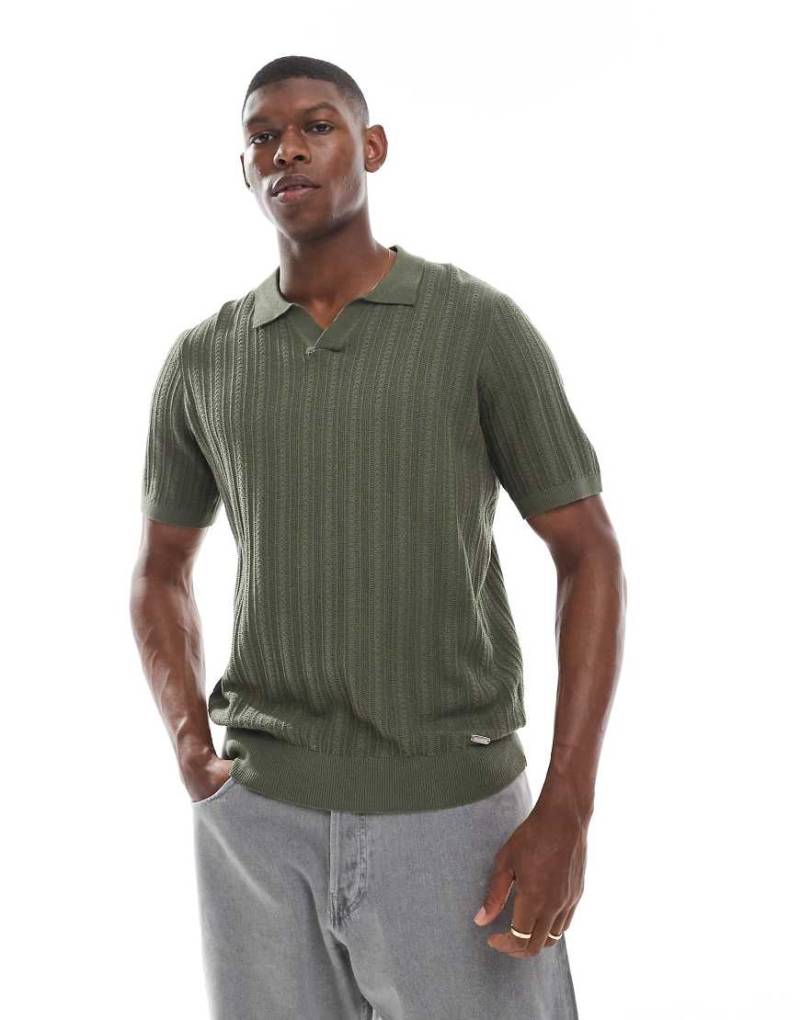 Threadbare - Strick-Polohemd in Khaki mit Struktur-Grün von Threadbare