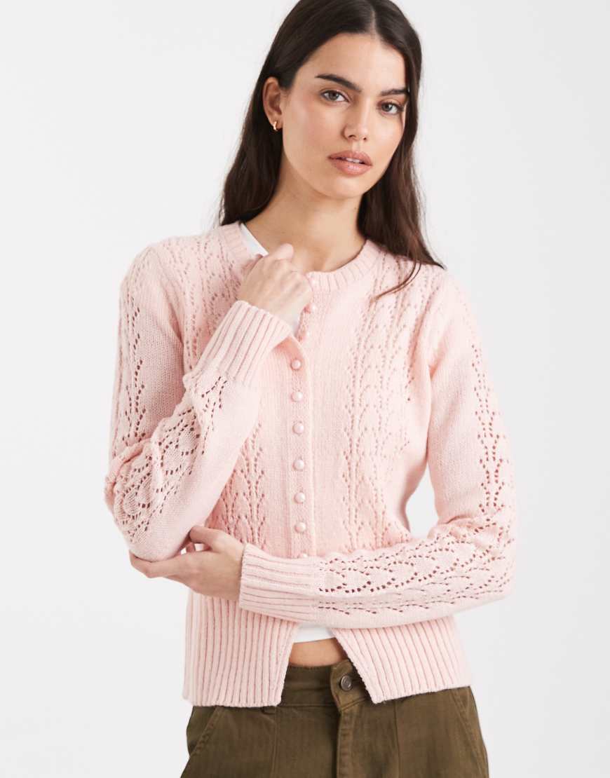 Threadbare - Strickjacke in Rosa mit Rundhalsausschnitt und Lochmuster von Threadbare