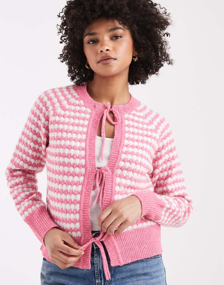 Threadbare - Strickjacke in Rosa und Weiß gestreift mit Schnürung vorne von Threadbare