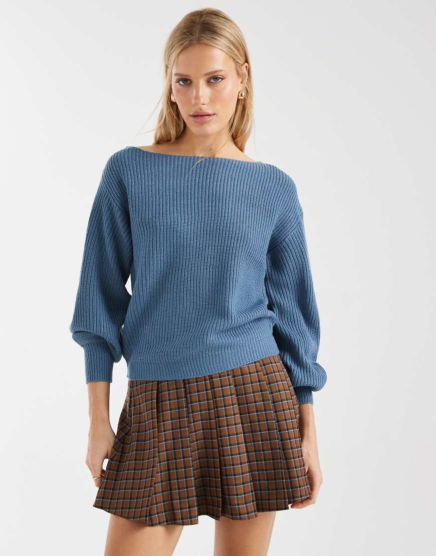 Threadbare - Strickpullover in Blau mit Ballonärmeln und U-Boot-Ausschnitt von Threadbare