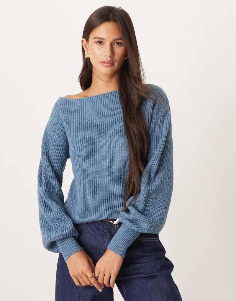 Threadbare - Strickpullover in Blau mit Ballonärmeln und U-Boot-Ausschnitt von Threadbare