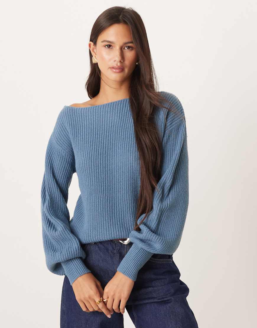 Threadbare - Strickpullover in Blau mit Ballonärmeln und U-Boot-Ausschnitt von Threadbare