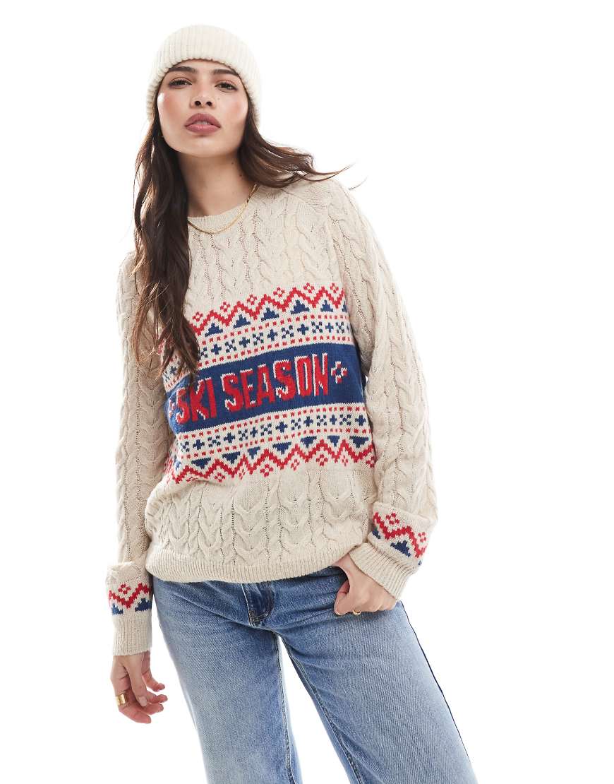 Threadbare - Strickpullover in Ecru mit Zopfmuster und „Ski"-Design-Weiß Threadbare - Strickpullover in Ecru mit Zopfmuster und „Ski"-Design-Weiß von Threadbare