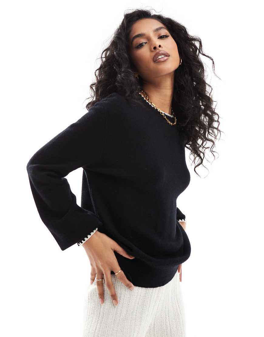 Threadbare - Strickpullover in Schwarz mit weißem Kontrastbesatz Threadbare - Strickpullover in Schwarz mit weißem Kontrastbesatz von Threadbare
