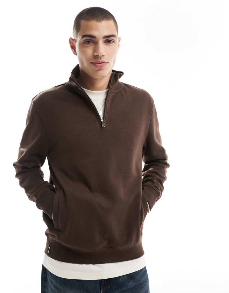 Threadbare - Sweatshirt in Schokoladenbraun mit kurzem Reißverschluss von Threadbare