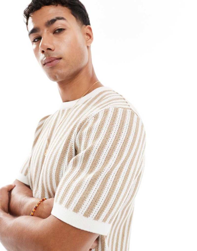 Threadbare - T-Shirt aus Baumwoll-Strick mit Streifen in Hellbraun und Ecru von Threadbare