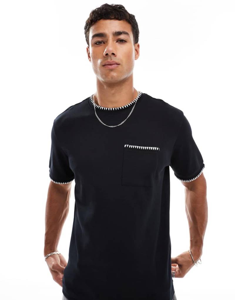 Threadbare - T-Shirt in Schwarz mit hohem Baumwollanteil und weißer Paspelierung, 200 g/m² von Threadbare