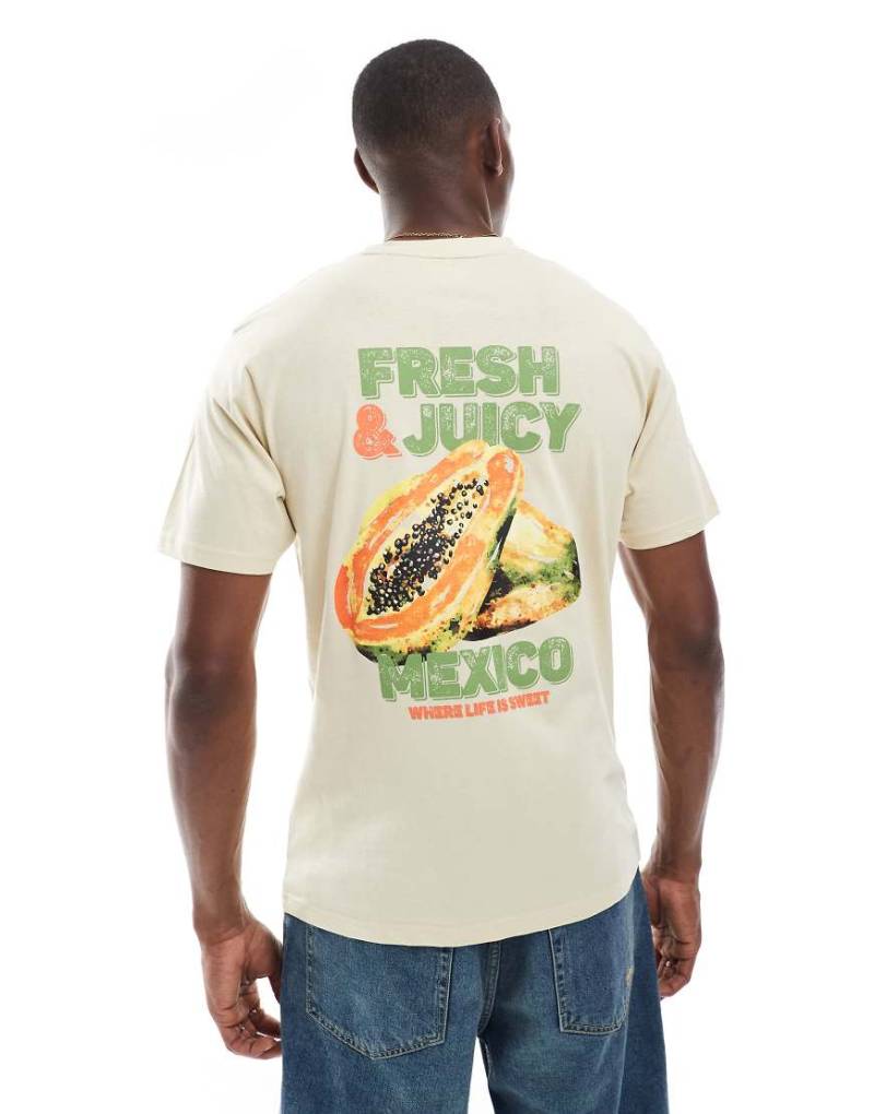 Threadbare - T-Shirt in Steinbeige mit hohem Baumwollanteil und Frucht-Grafikprint auf dem Rücken-Neutral von Threadbare