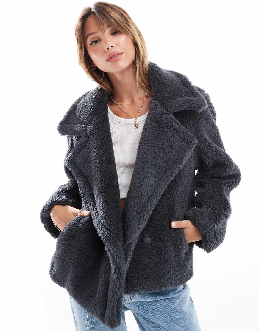 Threadbare - Teddyfell-Jacke in Grau mit Kragen von Threadbare