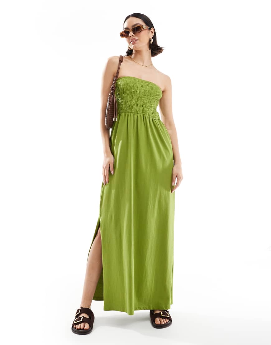 Threadbare - Trägerloses Midikleid in Olivgrün mit geraffter Brustpartie von Threadbare