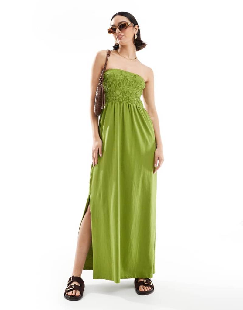 Threadbare - Trägerloses Midikleid in Olivgrün mit geraffter Brustpartie von Threadbare