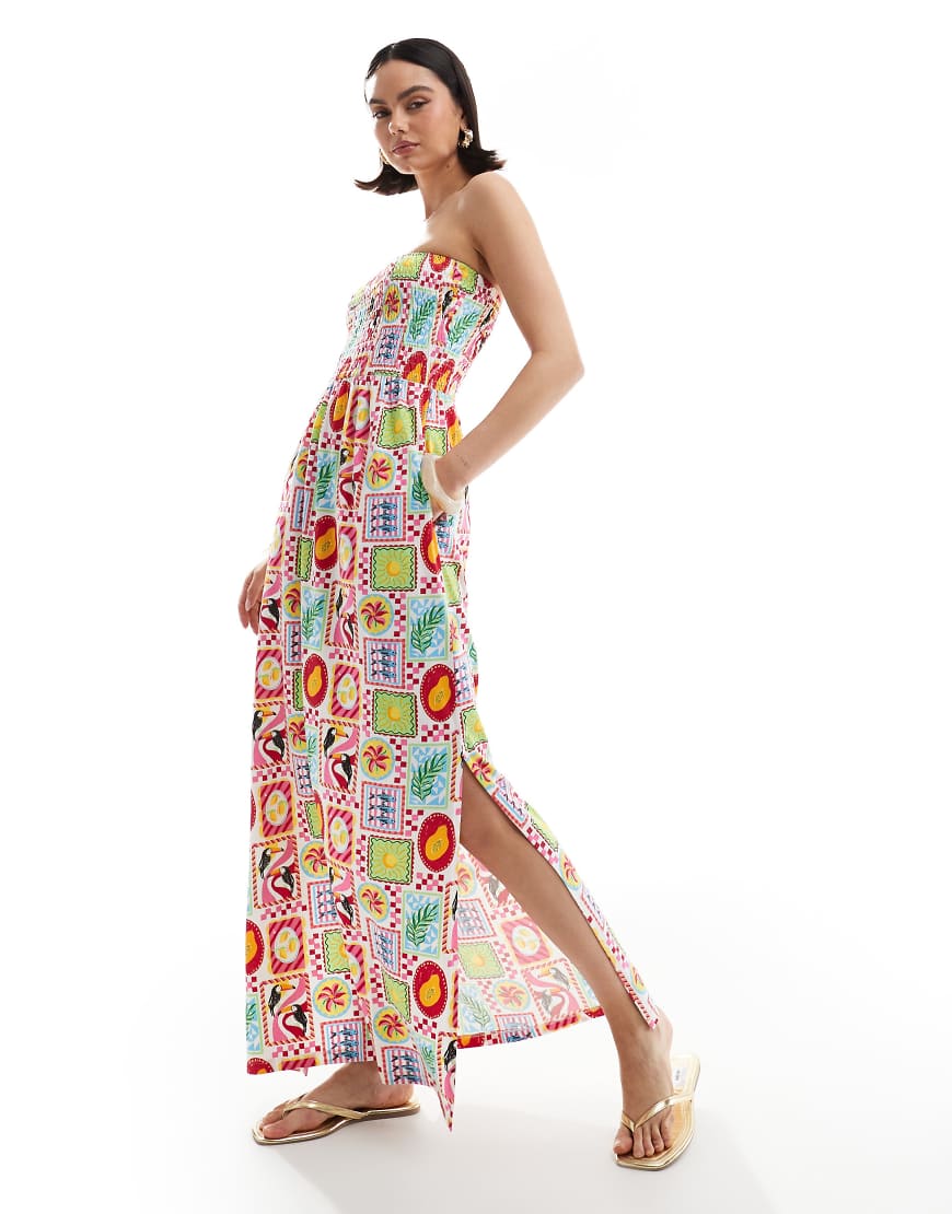 Threadbare - Trägerloses Midikleid mit Postkartenprint und geraffter Brustpartie-Bunt Threadbare - Trägerloses Midikleid mit Postkartenprint und geraffter Brustpartie-Bunt von Threadbare
