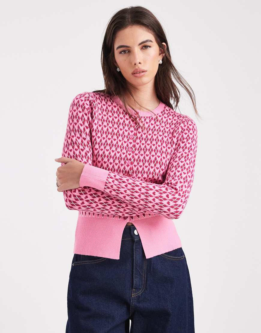 Threadbare - Valentines - Strickjacke in Rosa mit Rundhalsausschnitt und Argyle-Herzmuster von Threadbare