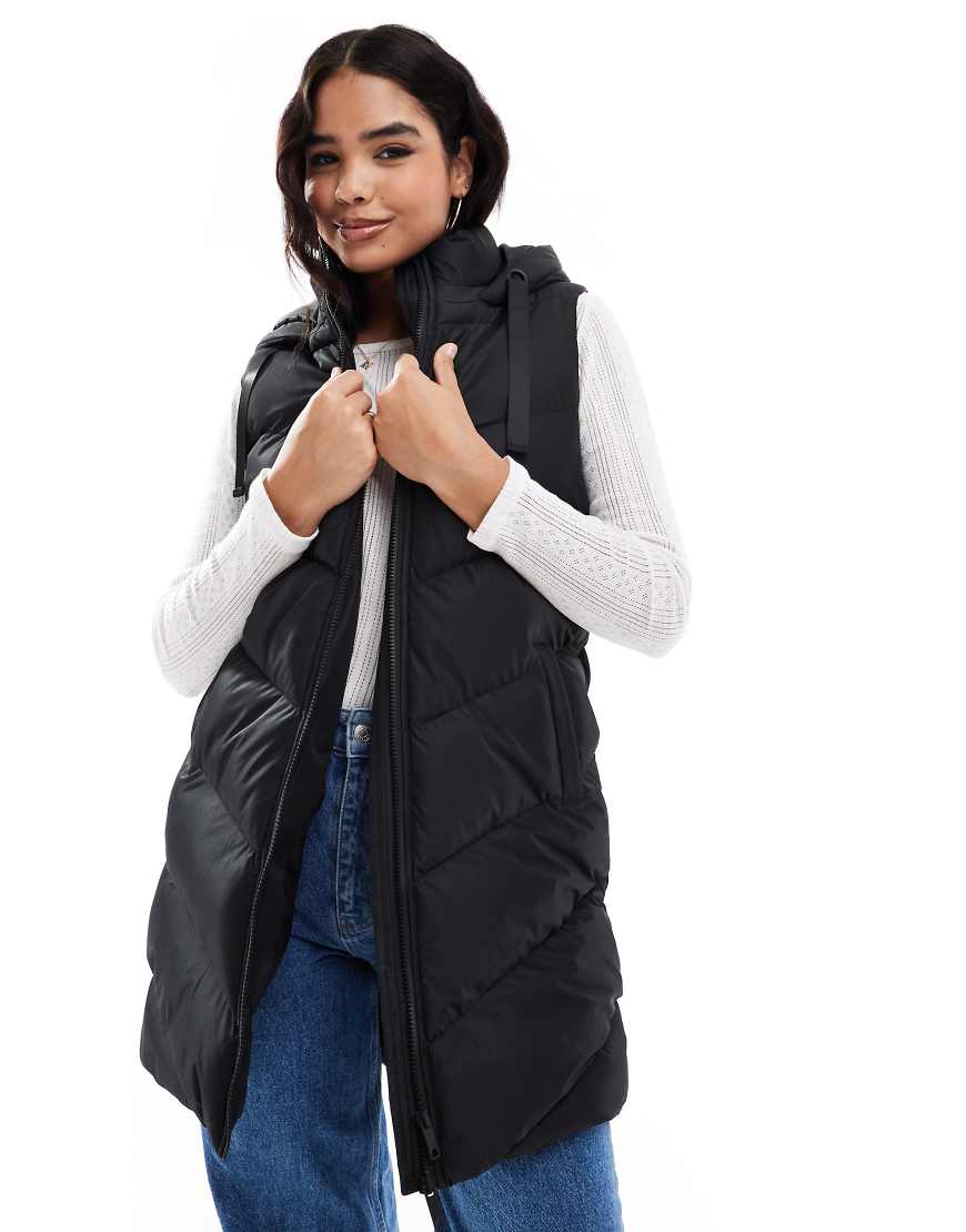 Threadbare - Wattierte Longline-Weste in Schwarz mit Kapuze von Threadbare
