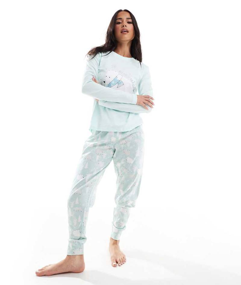 Threadbare - Langer Pyjama in Hellblau mit Eisbärmotiv von Threadbare