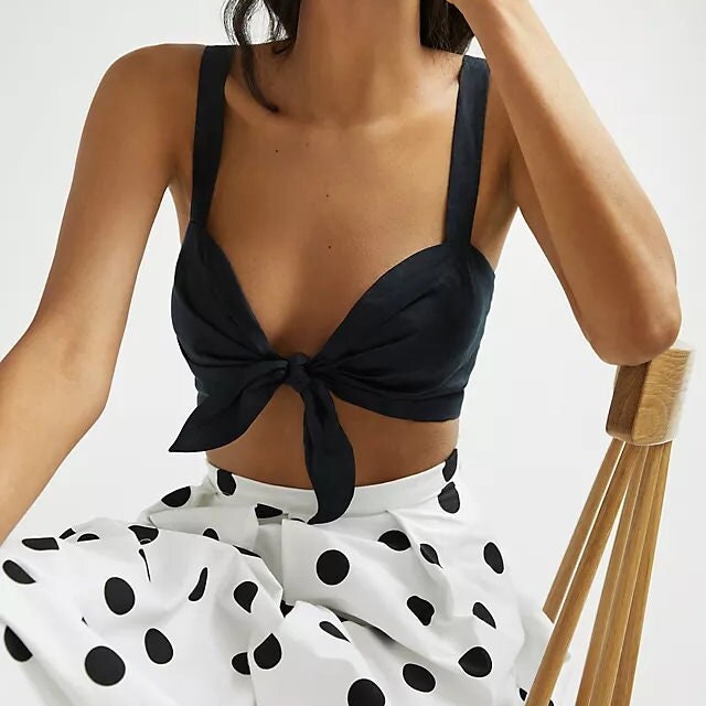 Leinen Front Tie Crop Top in Schwarz, Cami Mit Fliege, Bralette von Threadconnect