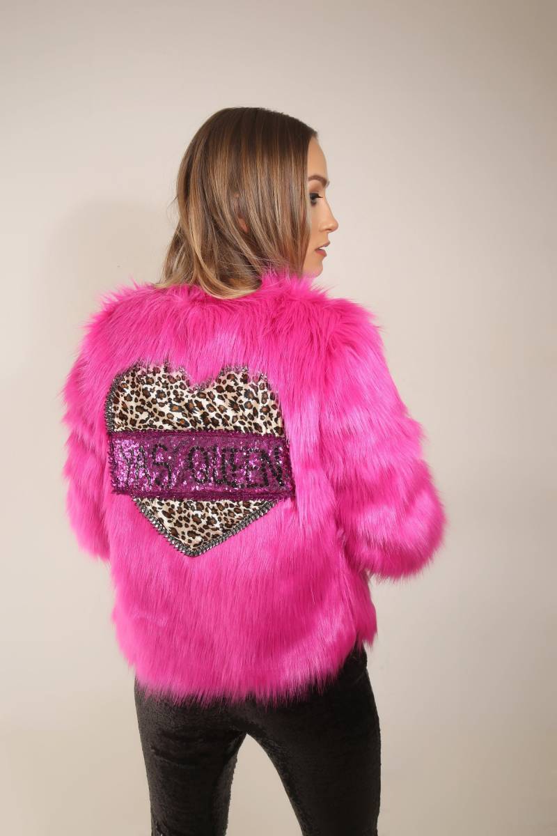 Fuchsia Hot Pink Kunstpelz Leopard Print Herz Yas Queen Jacke | Festival-stolz Handarbeit Party-Coachella von ThreadedTribe