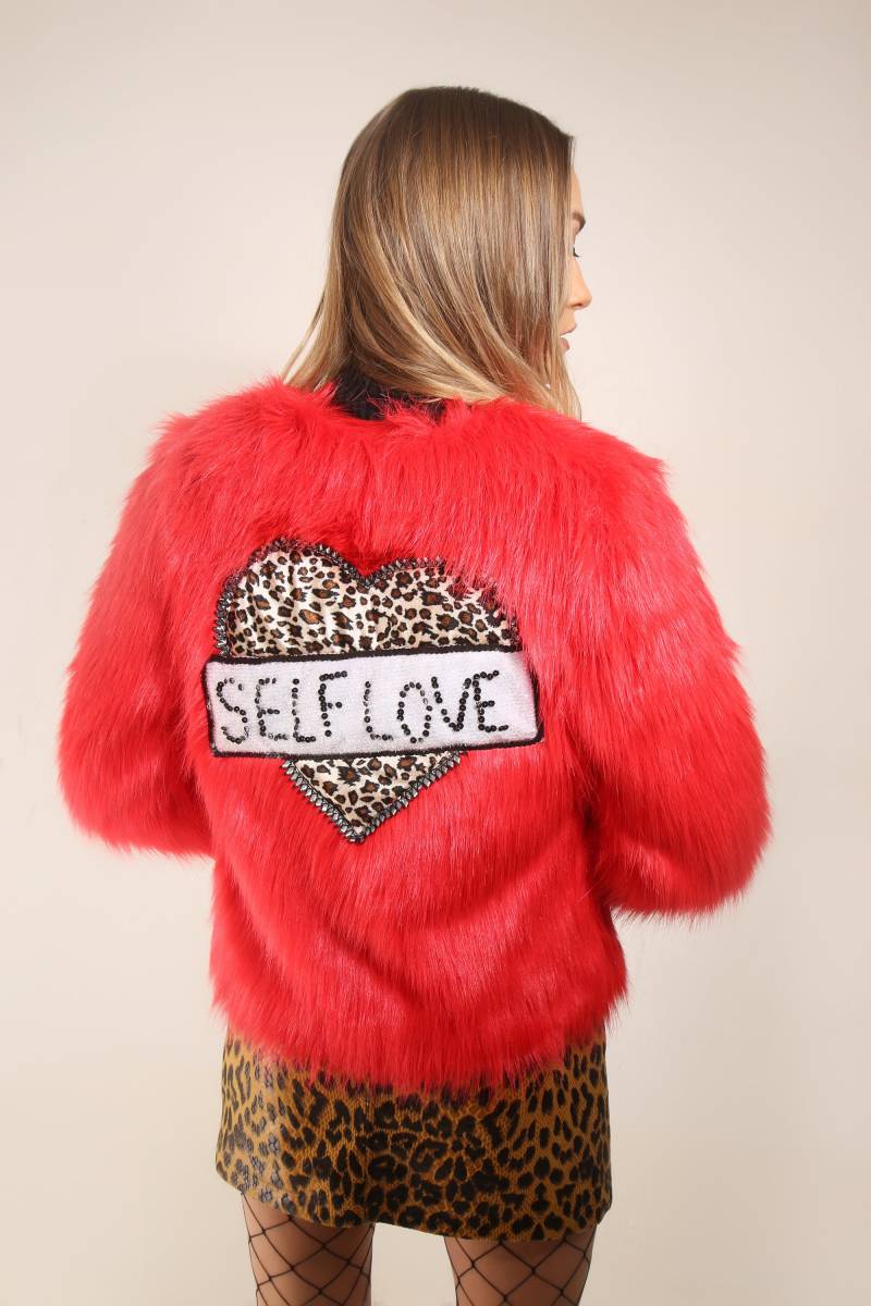 Rot Kunstpelz Leopard Print Herz Self Love Jacke | Fest Handarbeit Party Weihnachtsfest von ThreadedTribe