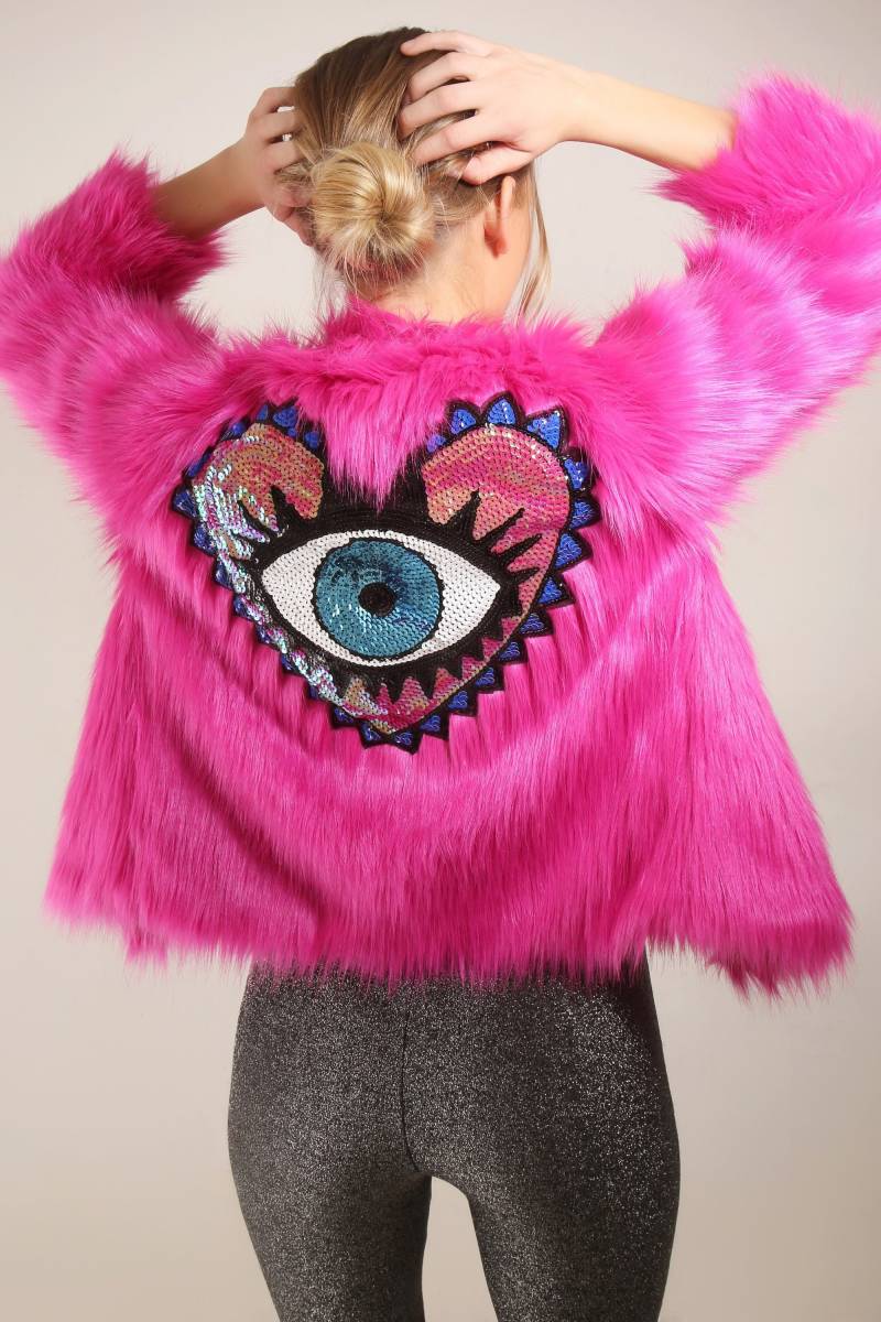 Verschönerte Fuchsia Pink Kunstpelz Evil Eye Jacke | Party Handarbeit Fest von ThreadedTribe