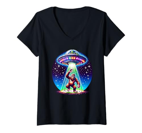 Damen Bigfoot Sasquatch Entführung Alien Invasion UFO Raumschiff T-Shirt mit V-Ausschnitt von Threadrock