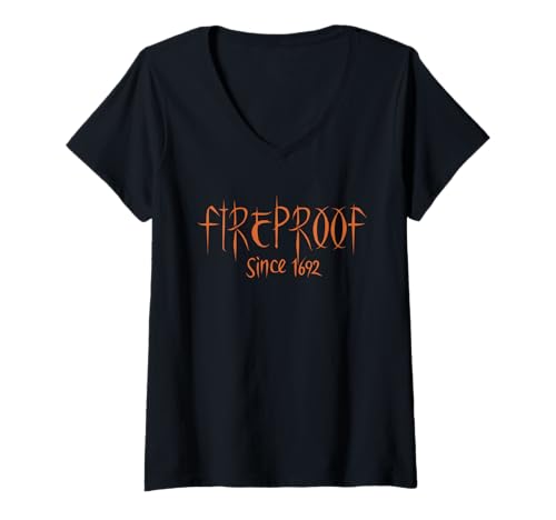 Damen Feuerfest seit 1692 Salem Hexenversuche lustig einfach Halloween T-Shirt mit V-Ausschnitt Damen Feuerfest seit 1692 Salem Hexenversuche lustig einfach Halloween T-Shirt mit V-Ausschnitt von Threadrock