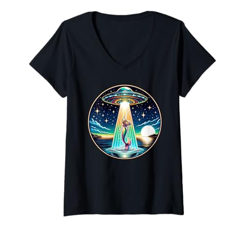 Damen Meerjungfrau Entführung Alien Invasion Lustiges UFO Raumschiff T-Shirt mit V-Ausschnitt von Threadrock