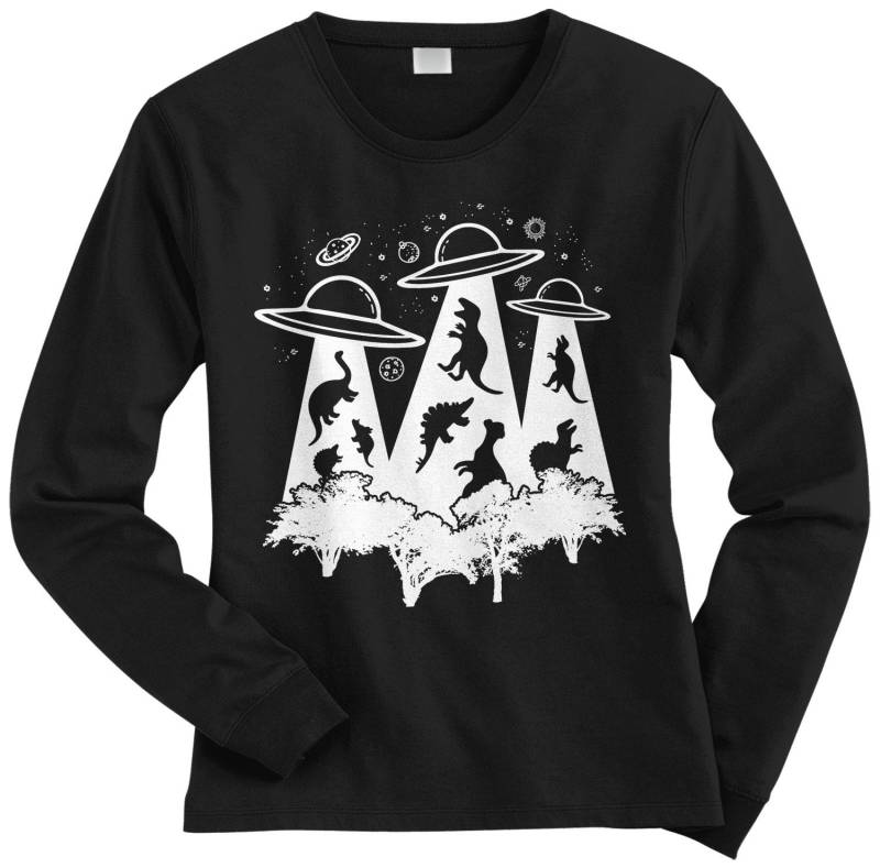 Dinosaurier Alien Entführung Damen Langarm T-Shirt - Raw-Edge Raglan Kurzarm V-Ausschnitt Ausgestattet von Threadrock