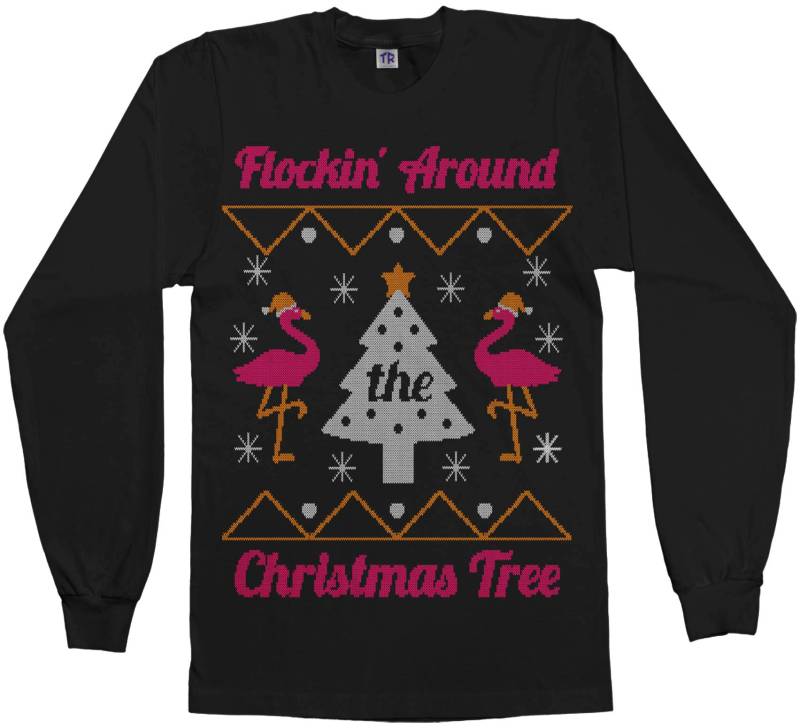 Flockin' Um Den Weihnachtsbaum Flamingo Hässlich Weihnachten Pullover Herren Langarm T-Shirt - Kurzarm Tank-Top von Threadrock