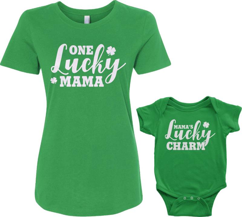 Glückliche Mama & Charme - St. Patricks Tag Frauen Rundhals Oder V-Ausschnitt Versehen, T-Shirt Und Säugling Body Baby Passende Set von Threadrock