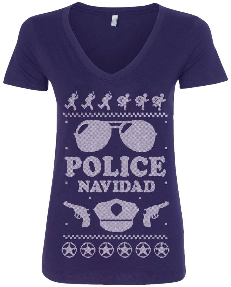 Polizei Navidad Hässlich Weihnachten Pullover Damen V-Neck Tailliertes T-Shirt-Ta_00345 von Threadrock