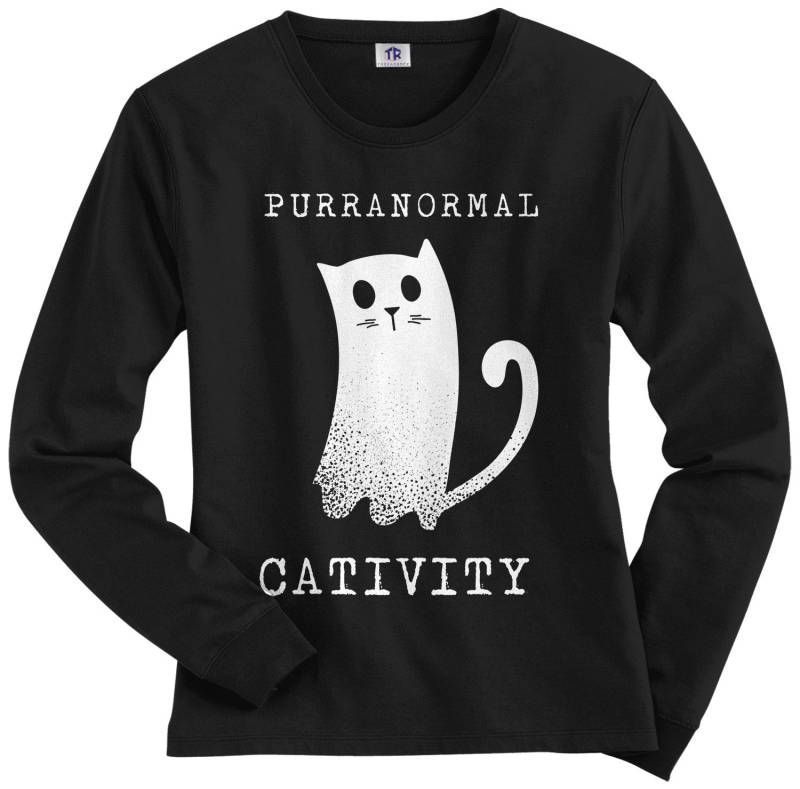 Purranormale Cativity Ghost Cat Damen Langarm T-Shirt - Raw-Edge Raglan Kurzarm V-Ausschnitt Ausgestattet von Threadrock