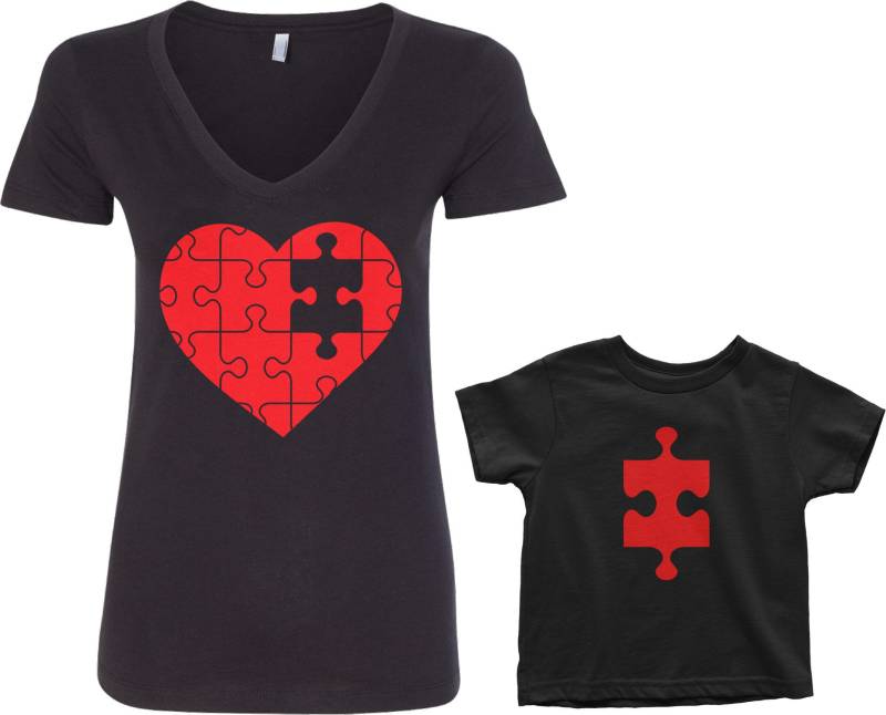Puzzle Herz & Fehlende Stück Frauen Tailliert V-Ausschnitt Und Kleinkind-Mutter Sohn Oder Tochter Passende T-Shirt von Threadrock