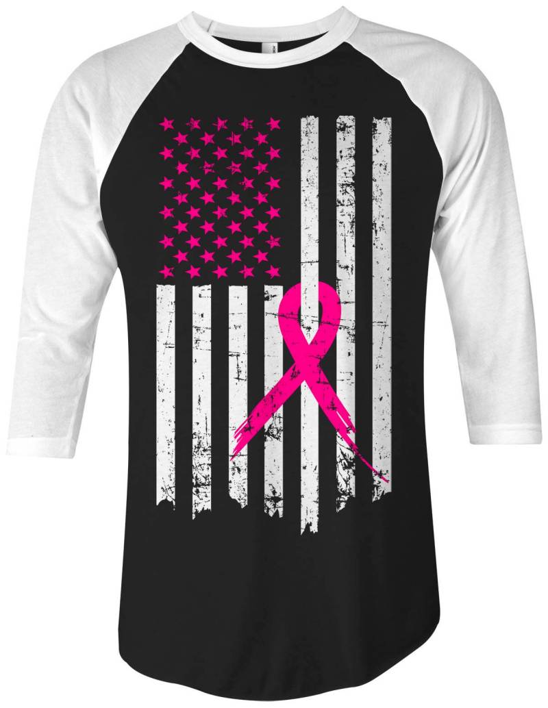 Rosa Schleife Brust Krebs Bewusstsein Flagge | Rosa Sterne/Weiß Gestreift Unisex Erwachsene Raglan T-Shirt von Threadrock