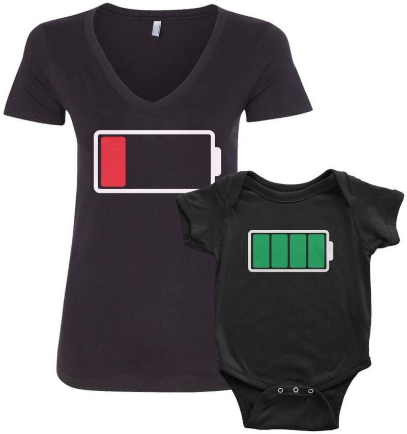 Voll & Niedrige Batterie V-Ausschnitt Tailliertes T-Shirt Und Säugling Body Mama Baby Passende Set von Threadrock