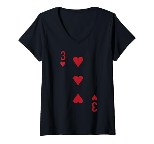 Damen DREI Herzkarten Poker Vegas Kostüm T-Shirt mit V-Ausschnitt von Three Cards Outfit
