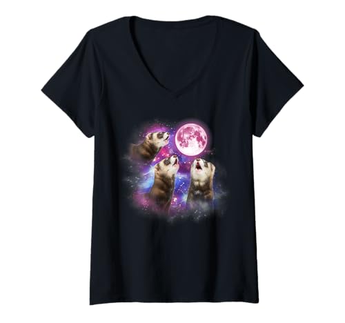 Damen Frettchen heulen auf dem Mond Wildlife Bunte Frettchen T-Shirt mit V-Ausschnitt Damen Frettchen heulen auf dem Mond Wildlife Bunte Frettchen T-Shirt mit V-Ausschnitt von Three Ferret Howling tees