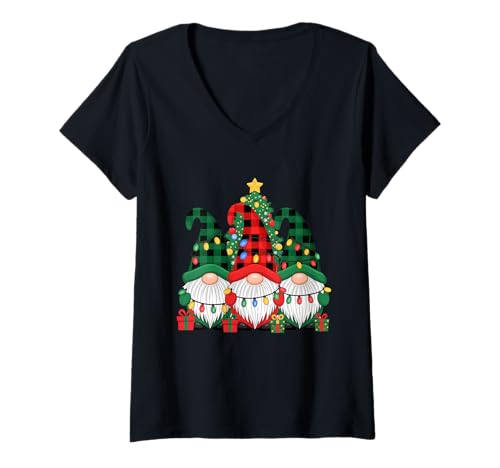 Damen Zwerge Weihnachtsbaum Zwerg Xmas Lights Buffalo Plaid Frauen T-Shirt mit V-Ausschnitt Damen Zwerge Weihnachtsbaum Zwerg Xmas Lights Buffalo Plaid Frauen T-Shirt mit V-Ausschnitt von Three Gnomes Christmas Lights For Women