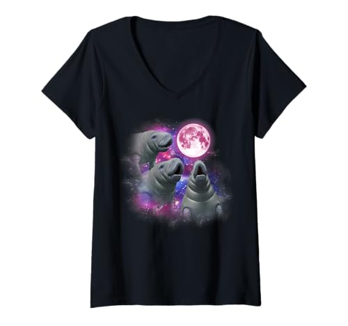 Damen Seekuh heult auf dem Mond Wildlife Bunte Seekuh T-Shirt mit V-Ausschnitt Damen Seekuh heult auf dem Mond Wildlife Bunte Seekuh T-Shirt mit V-Ausschnitt von Three Manatee Howling tees