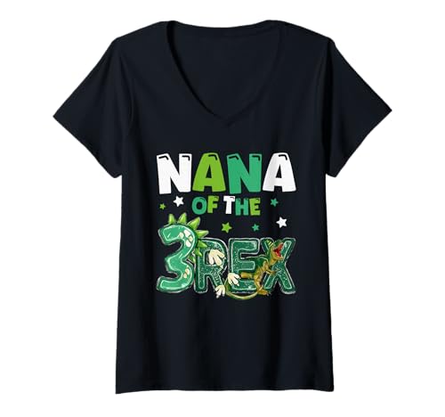 Damen Nana of The Three Rex Geburtstag Dinosaurier Familie Matching T-Shirt mit V-Ausschnitt von Three Rex Birthday Shirt Family Matching Party
