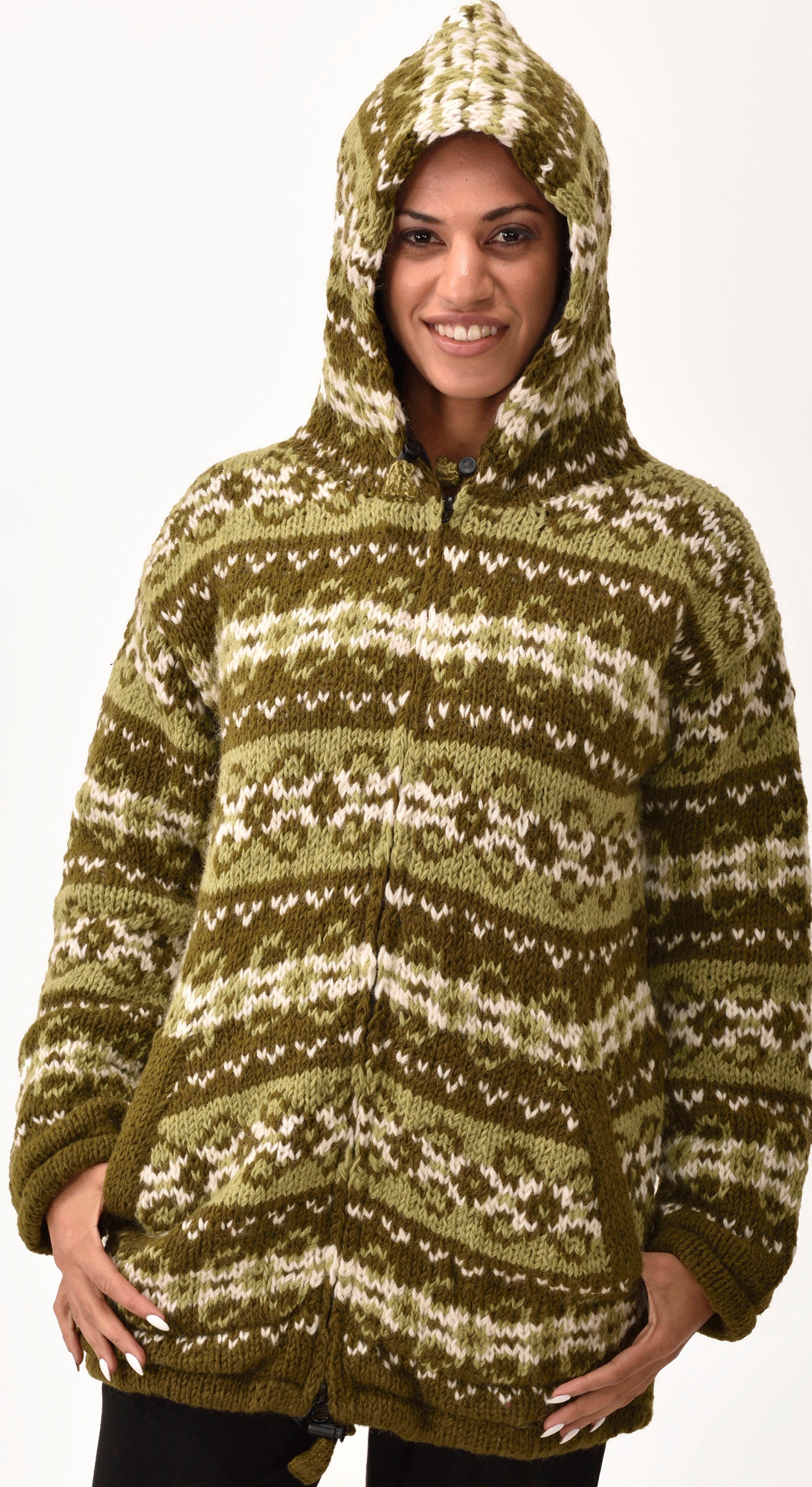 Handgestrickte Kapuzenjacke Aus Merinowolle Mit Polarfleece von ThreeCranesGallery