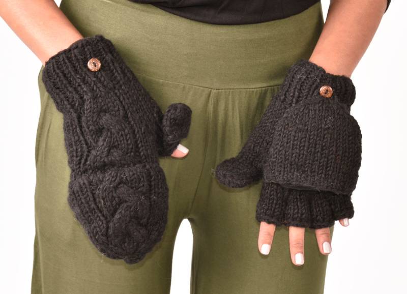 Handgestrickte Merino Wolle Cabrio Glittens Fleece Gefütterte Fingerlose Handschuhe von ThreeCranesGallery