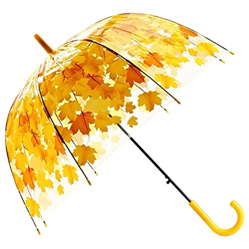 ThreeH Bubble Umbrella mit klarer Kuppel und Sycamore Leaves Straight Bar Auto Open Elastic Plastic Rainproof Fotografie für Mädchen Gelb von ThreeH