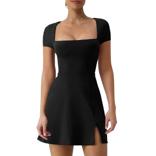 ThreeH Damen Active Kleid mit Kurzen Ärmeln Quadratischer Ausschnitt Mini Tennis Kleid, Schwarz, X-Groß von ThreeH