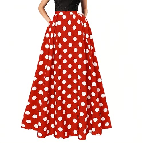 ThreeH Damen Casual Röcke Ausgestellter Swing A-Linie hoch taillierte Maxiröcke Polka Dot Druck und n für Party Reisen,Rot von ThreeH