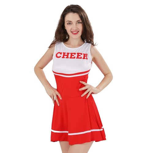 ThreeH Damen Cheerleader Kostüm Halloween Weiterführende Schule Uniformkleid Keine Pompons C40,Red von ThreeH