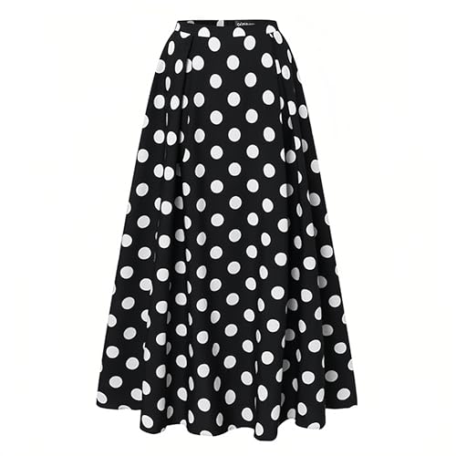 ThreeH Damen Hohe Taille A Line Ruffle Swing Langer Maxirock Plissee-Polka-Dot-Druck Vintage Röcke,Schwarz von ThreeH
