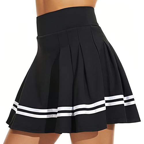 ThreeH Hochtaillierter Faltenrock in A-Linie Mädchen Schuluniform Mini-Rock Shorts mit integriertem Innenfutter Damen Golf Tennisrock Skorts Schwarz von ThreeH