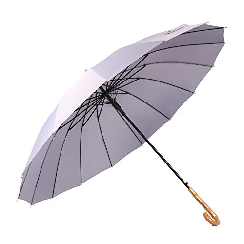 ThreeH Holzgriff Winddicht Tragbar Stockschirm Wasserabweisend Sturmfest Automatik Unisex Golf Regenschirm KS08,Gray von ThreeH