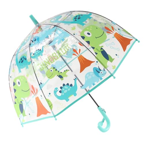 ThreeH Kinder Dinosaurier Regenschirm Splitterfrei 8 Faser Rippen Gebogener Griff Transparenter Kuppel-Regenschirm für Jungen,Blau von ThreeH