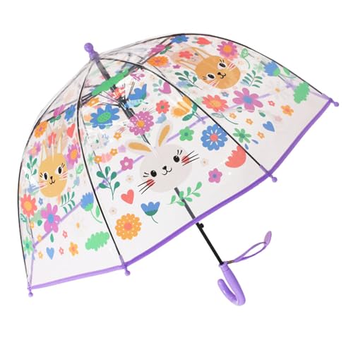 ThreeH Mädchen Regenschirm mit leicht zu greifendem gebogenem Griff Transparenter Kuppel-Regenschirm mit niedlicher Cartoon-Katze,Lila von ThreeH